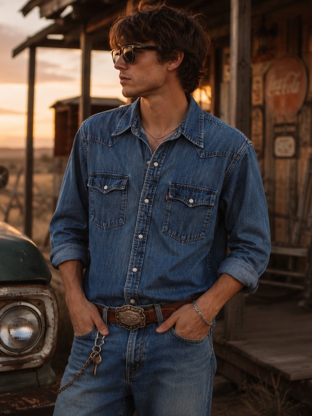 Levis Blue Denim Pearl Snap Shirt Sz 2XL Western Cowboy Festival